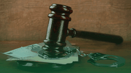 Martelo de juiz sobre notas e algemas, simbolizando a atuação da justiça no combate à lavagem de dinheiro e crimes financeiros.