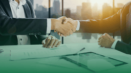 Duas pessoas em traje formal apertando as mãos sobre uma mesa com documentos e tablet, simbolizando o fechamento de uma parceria comercial com segurança e confiança.
