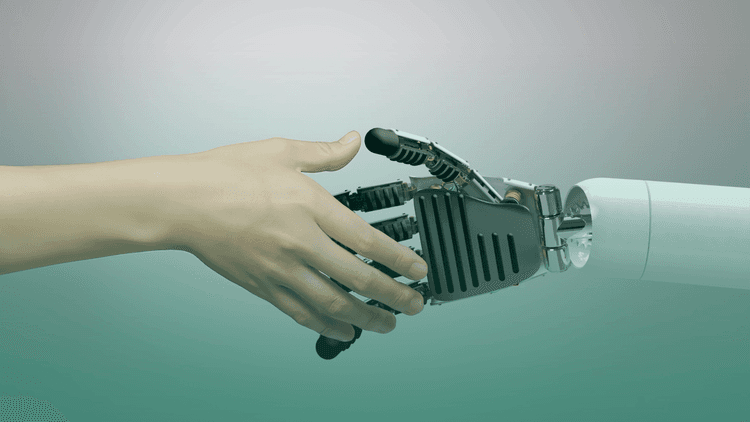 Mão humana apertando a mão de um robô, simbolizando a conexão entre inteligência artificial e decisões éticas no compliance corporativo.