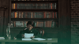 Mulher em um cenário jurídico, analisando documentos.